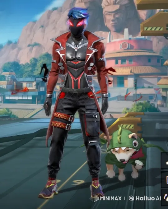 Futuristic Character with Red Eyes and Pet Amidst Mountains – AI Generated Video | Hailuo AI