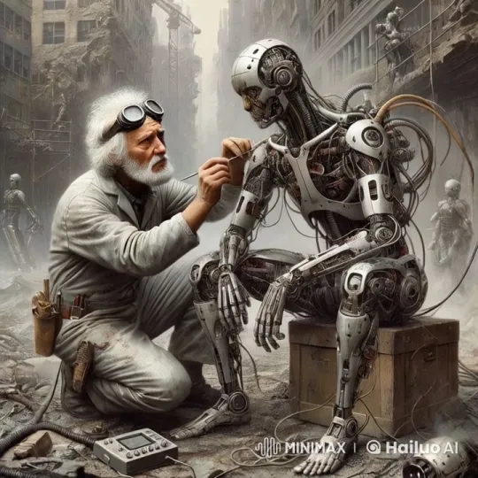Technician Repairs Robot in Post-Apocalyptic Ruins – AI Generated Video | Hailuo AI