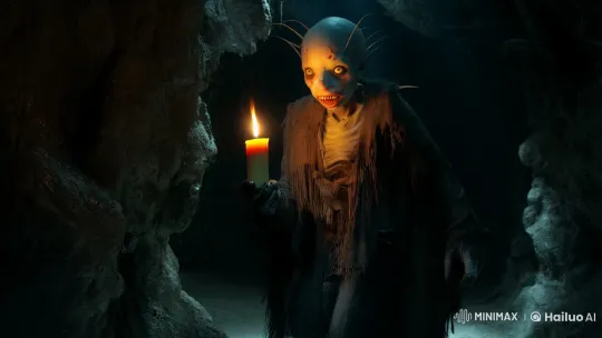 Eerie Creature in Dimly Lit Cave with Candle – AI Generated Video | Hailuo AI