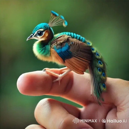 Miniature Peacock Bird on Finger Observes Nest – AI Generated Video | Hailuo AI