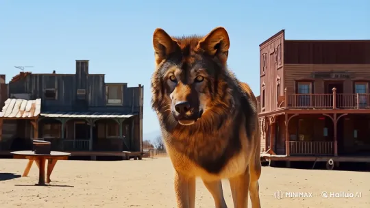 Desert Town: Slow Motion Walk of a Majestic Brown Wolf – AI Generated Video | Hailuo AI