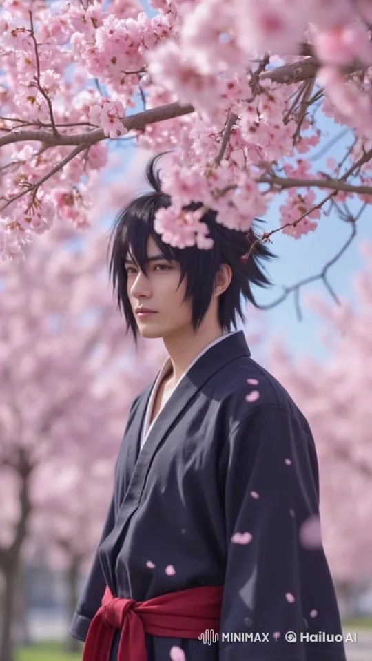 Peaceful Cherry Blossom Garden with Serene Character in Traditional Attire – AI Generated Video | Hailuo AI