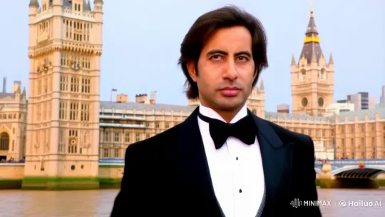 Man in Tuxedo Strides Confidently Past London Tower – AI Generated Video | Hailuo AI