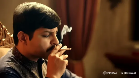 Man Reflects in Nostalgic Lighting, Smoking Introspectively – AI Generated Video | Hailuo AI
