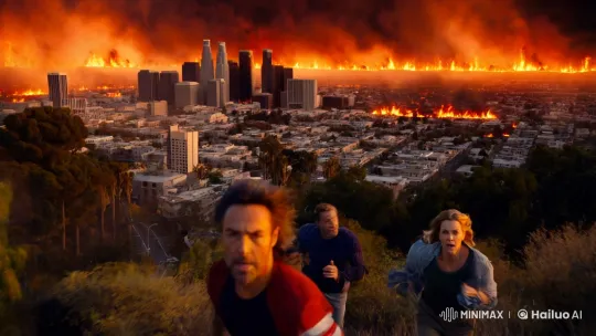 Dramatic Slow-Motion Scene: Actors Flee Through Fiery Los Angeles – AI Generated Video | Hailuo AI