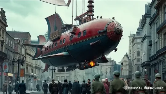 Steampunk Airship Readies for Flight Over Historic City Street – AI Generated Video | Hailuo AI