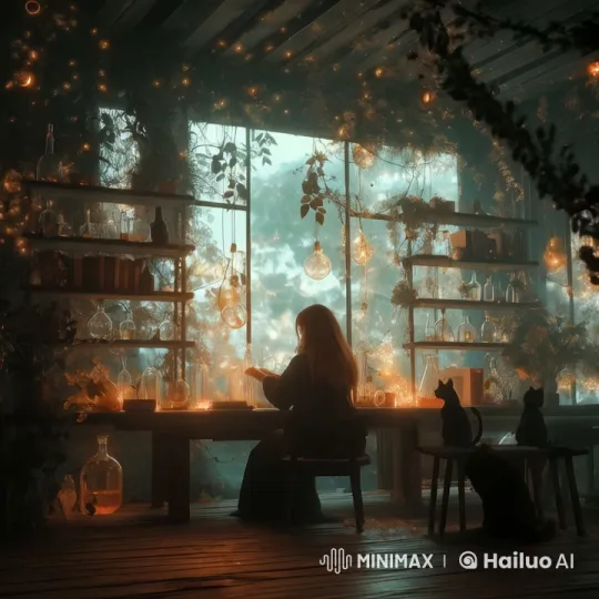 Enchanted Alchemy: Woman Weaves Light Amidst Feline Companions – AI Generated Video | Hailuo AI