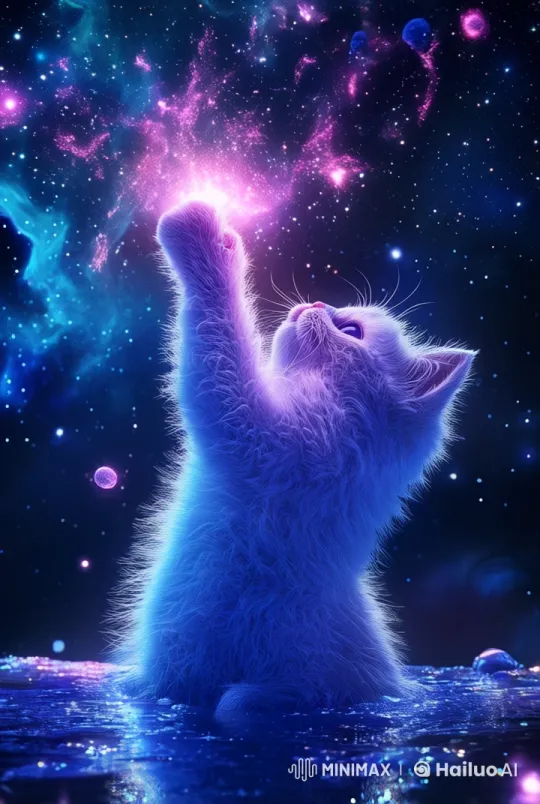 Giant Fluffy Kitten Plays with Nebula in Animated Night Sky – AI Generated Video | Hailuo AI