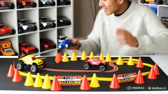Young Man Enthusiastically Sets Up and Watches Mini Car Race – AI Generated Video | Hailuo AI