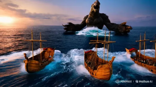 Sea Monster Rises: Epic Clash with Ancient Caravels – AI Generated Video | Hailuo AI