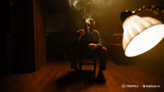 Contemplative Figure in Moody, Smoky Interior – AI Generated Video | Hailuo AI