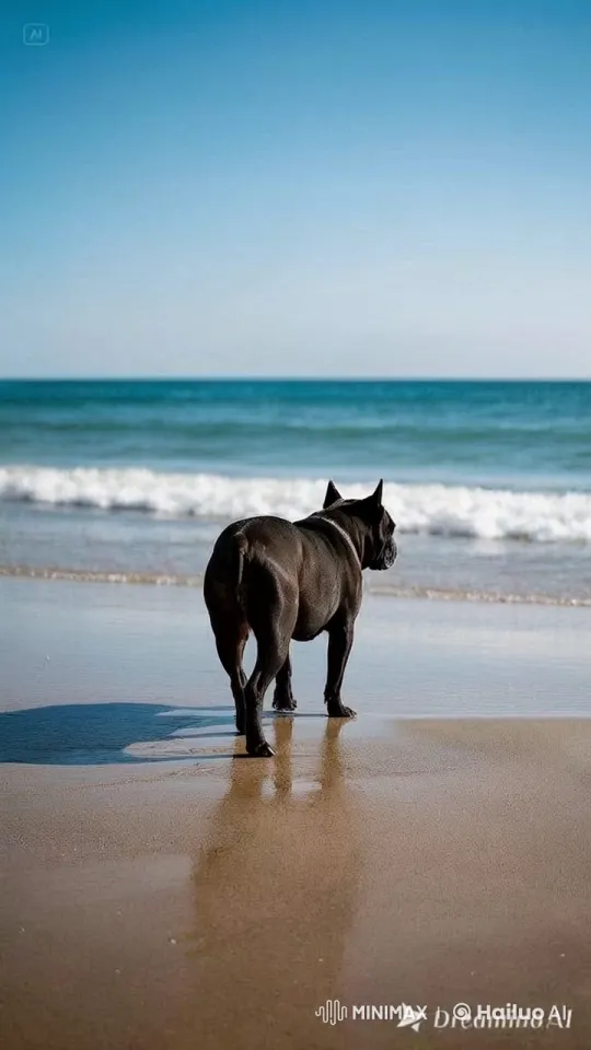 Black Dog Explores Sandy Beach with Curiosity – AI Generated Video | Hailuo AI