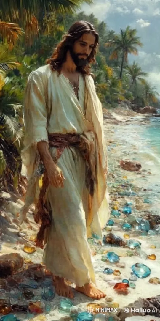Jesus Walks on Beach, Embraces a Dog with Compassion – AI Generated Video | Hailuo AI