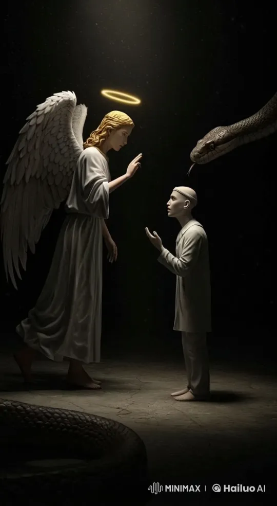 Angel Warns Kneeling Figure as Snake Threatens in Surreal Scene – AI Generated Video | Hailuo AI