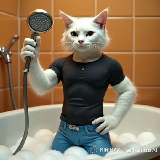 Anthropomorphic Cat Playfully Adjusts Shower in Bathtub – AI Generated Video | Hailuo AI