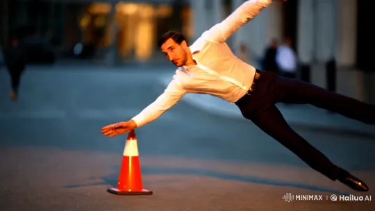Man Leaps Gracefully Between Traffic Cones in Slow-Motion – AI Generated Video | Hailuo AI