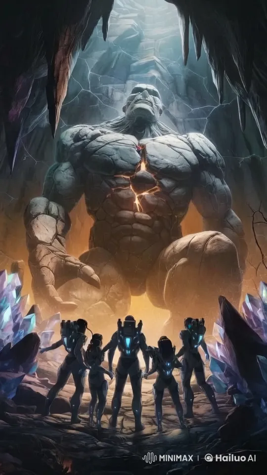 Explorers Encounter Pulsating Stone Giant in Crystal Cavern – AI Generated Video | Hailuo AI