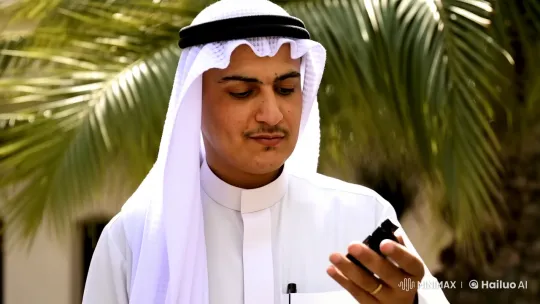 Man in Thobe Reflects with Cigarette in Tranquil Palm Grove – AI Generated Video | Hailuo AI