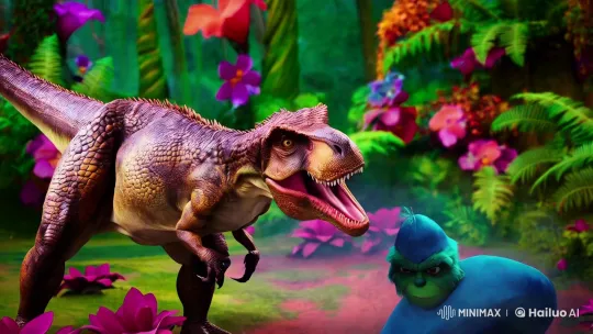 Prehistoric Dinosaur Confronts Whimsical Grinch in Lush Jungle – AI Generated Video | Hailuo AI