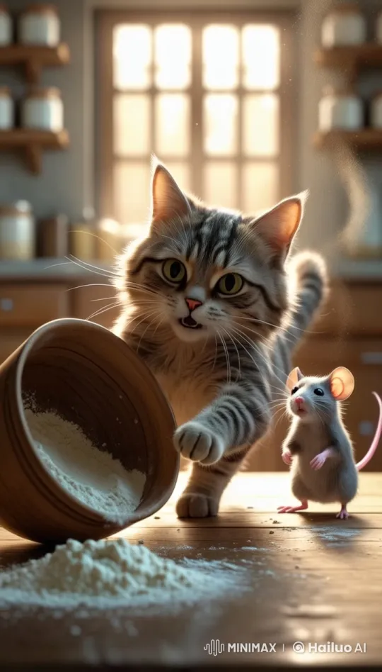 Animated Cat and Mouse Play in Sunlit Kitchen – AI Generated Video | Hailuo AI