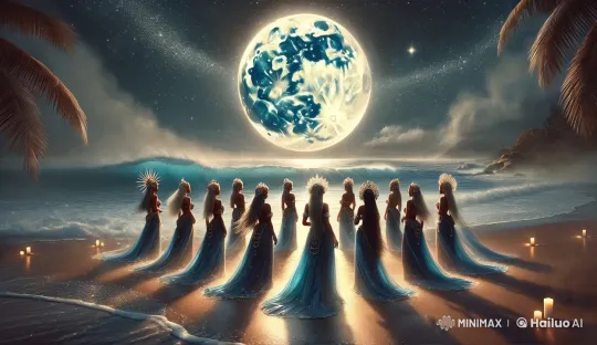 Mystical Moonlit Beach with Island Queens – AI Generated Video | Hailuo AI