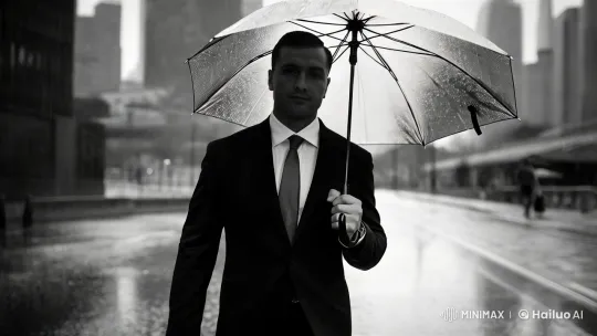 Classic Suit, Rainy Streets: A Cinematic Stroll – AI Generated Video | Hailuo AI