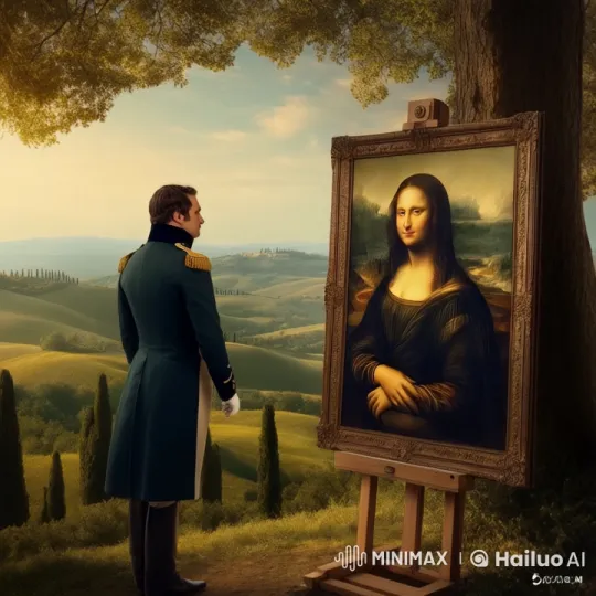 Military Man Admires Mona Lisa in Historic Countryside Setting – AI Generated Video | Hailuo AI