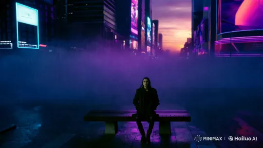 Cyberpunk Melancholy: Contemplative Figure in Purple Glow – AI Generated Video | Hailuo AI