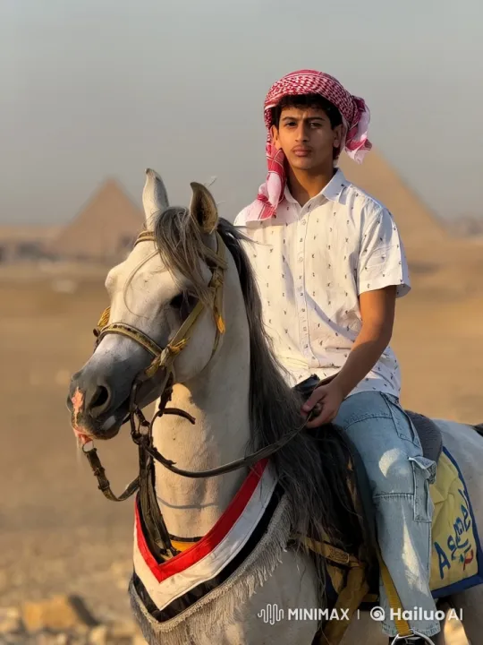 Young Man on Horseback in Desert with Pyramids – AI Generated Video | Hailuo AI