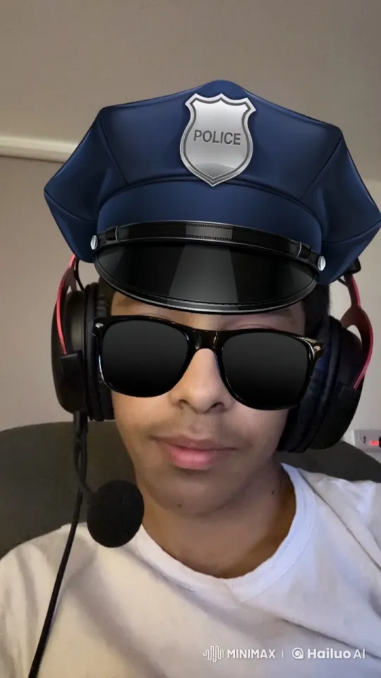 Close-up of Man Smoking with Digital Police Hat – AI Generated Video | Hailuo AI