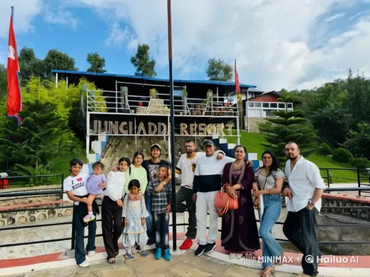 Group Joyfully Jumps in Front of Resort – AI Generated Video | Hailuo AI
