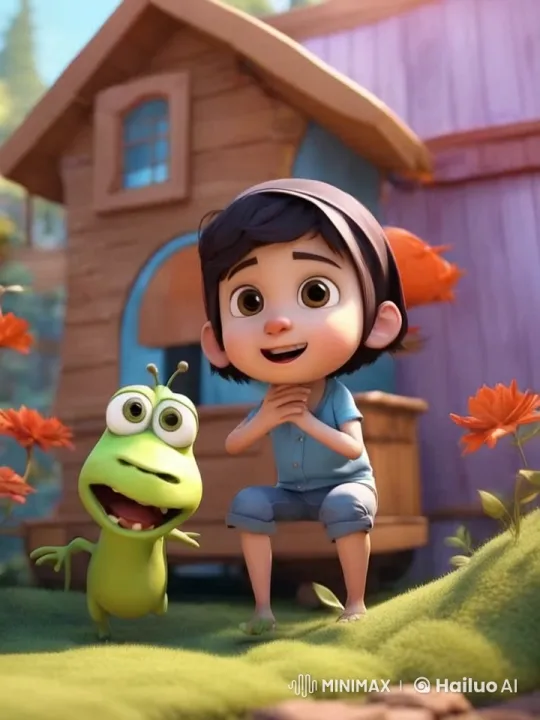 Young Character Kisses Animated Creature in Garden – AI Generated Video | Hailuo AI
