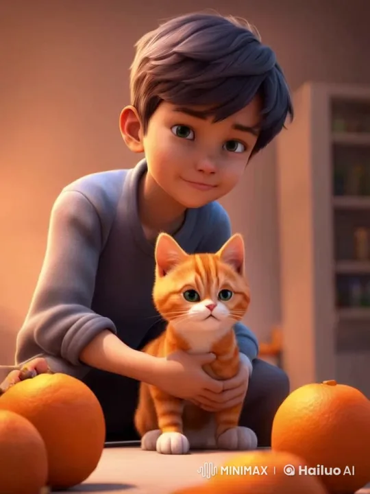 Boy Cuddles Cat in Cozy Kitchen Setting – AI Generated Video | Hailuo AI