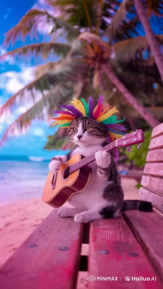 Colorful Cat Plays Guitar on a Beachside Bench – AI Generated Video | Hailuo AI