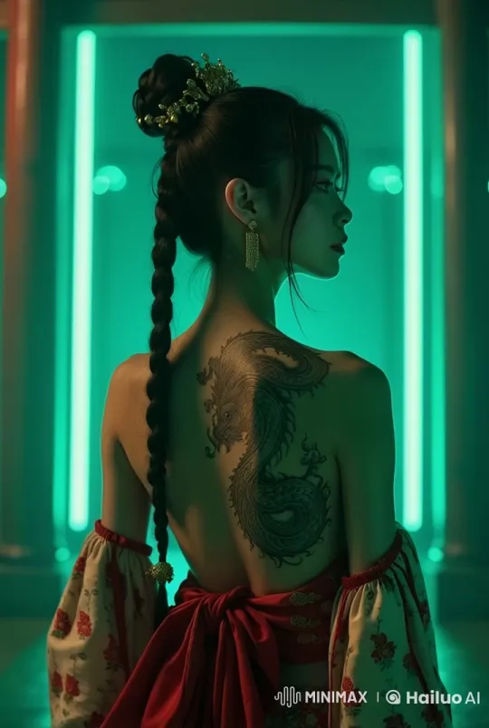 Woman Showcases Dynamic Dragon Tattoo with Vibrant Neon Background – AI Generated Video | Hailuo AI