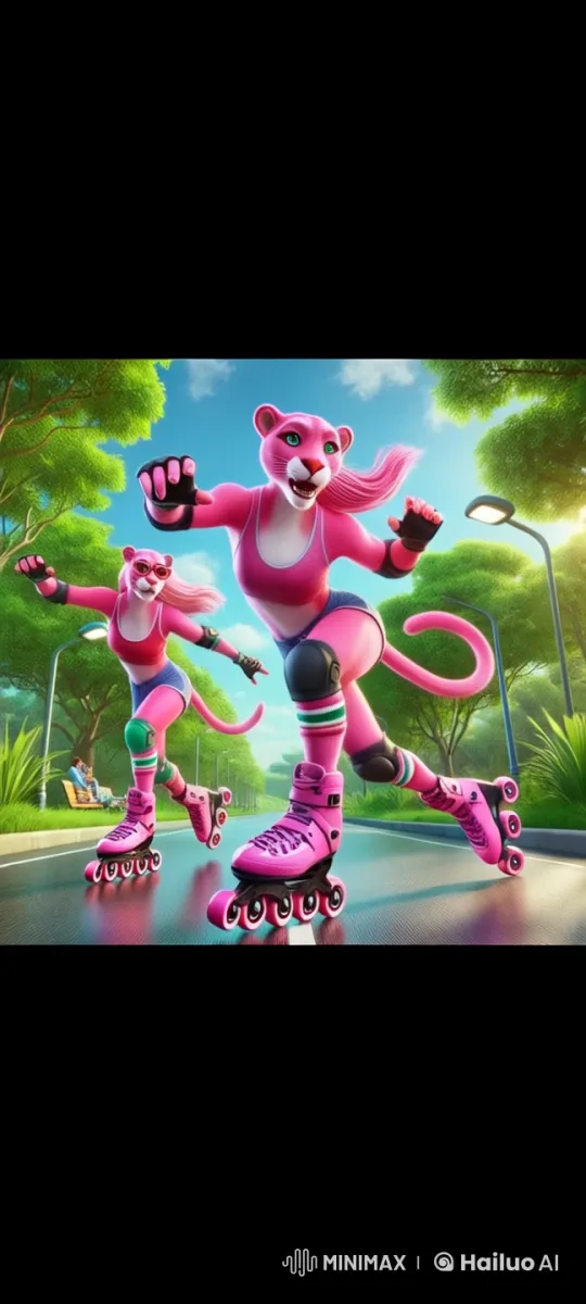 Roller-Skating Pink Panthers in a Lively Street Scene – AI Generated Video | Hailuo AI
