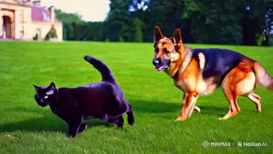 Pets Frolic Gracefully on Lush Estate Lawn – AI Generated Video | Hailuo AI