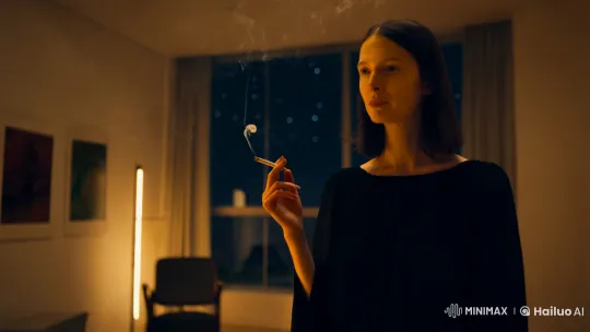 Contemplative Woman in Dimly Lit Room with Art – AI Generated Video | Hailuo AI