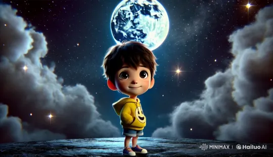 Boy under Wistful Moon, Night Sky with Hopeful Star – AI Generated Video | Hailuo AI