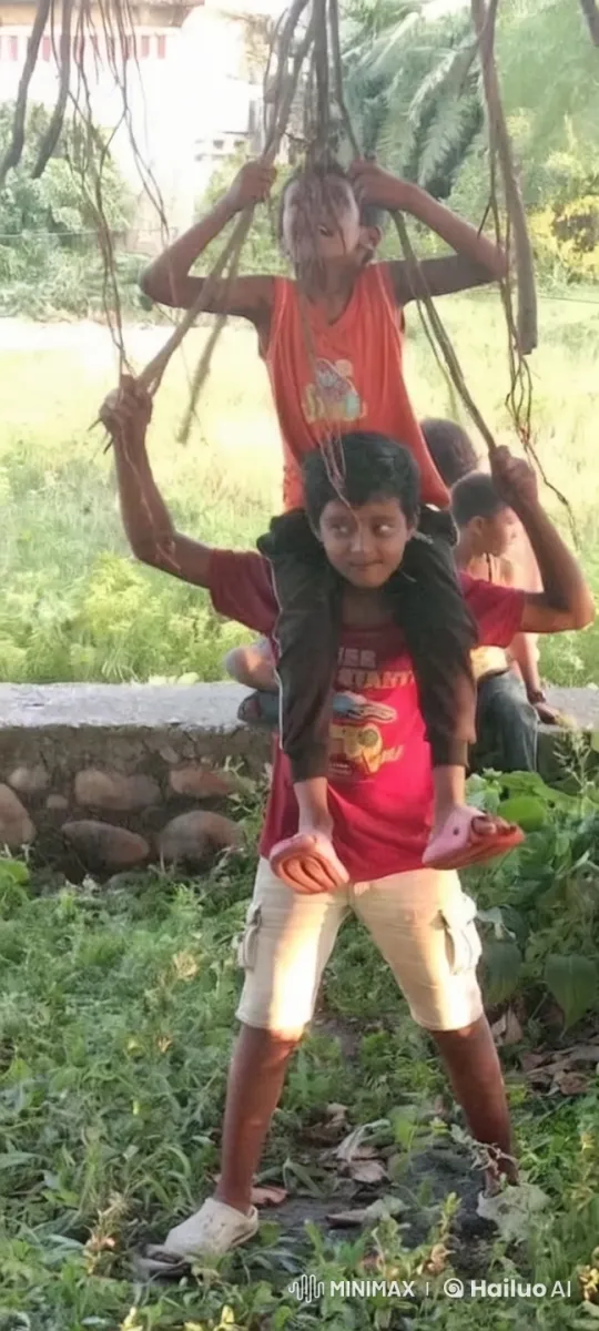 Children Playfully Run Through Lush Outdoor Setting – AI Generated Video | Hailuo AI