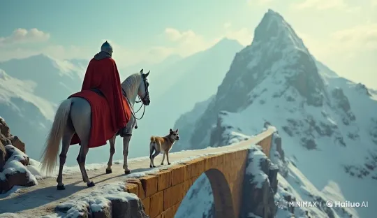 Knight and Dog Cautiously Cross Snowy Bridge – AI Generated Video | Hailuo AI