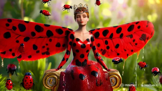 Regal Ladybug Woman on Ethereal Throne in Magical Garden – AI Generated Video | Hailuo AI
