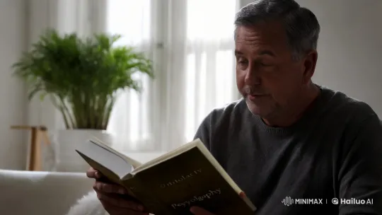 Scholarly Reflection: A Man in Contemplation with a Psychology Book – AI Generated Video | Hailuo AI