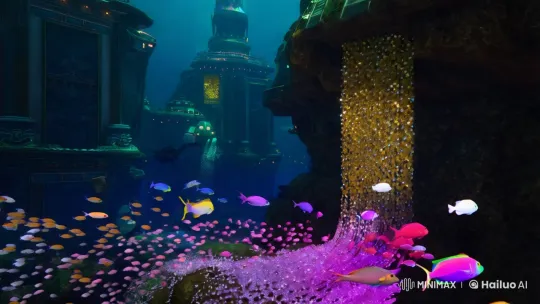 Underwater City: Glowing Structures Amidst Colorful Marine Life – AI Generated Video | Hailuo AI