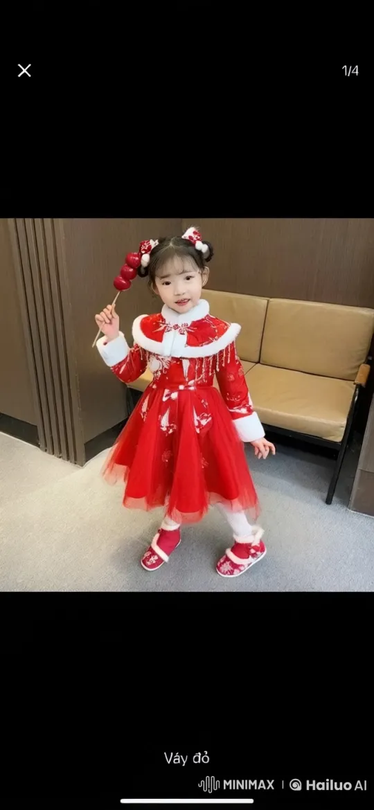 Festive Girl Showcases Candy and Dress in Cozy Room – AI Generated Video | Hailuo AI