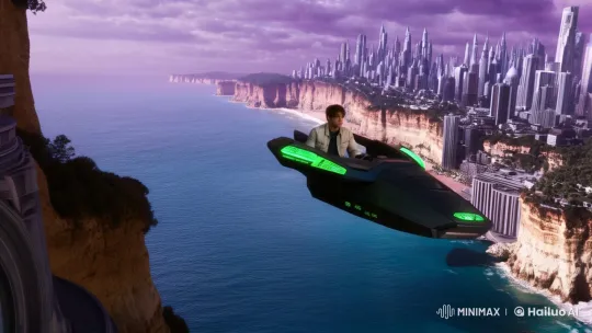 Cyberpunk Flying Vehicle Chase in Extraterrestrial Cityscape – AI Generated Video | Hailuo AI
