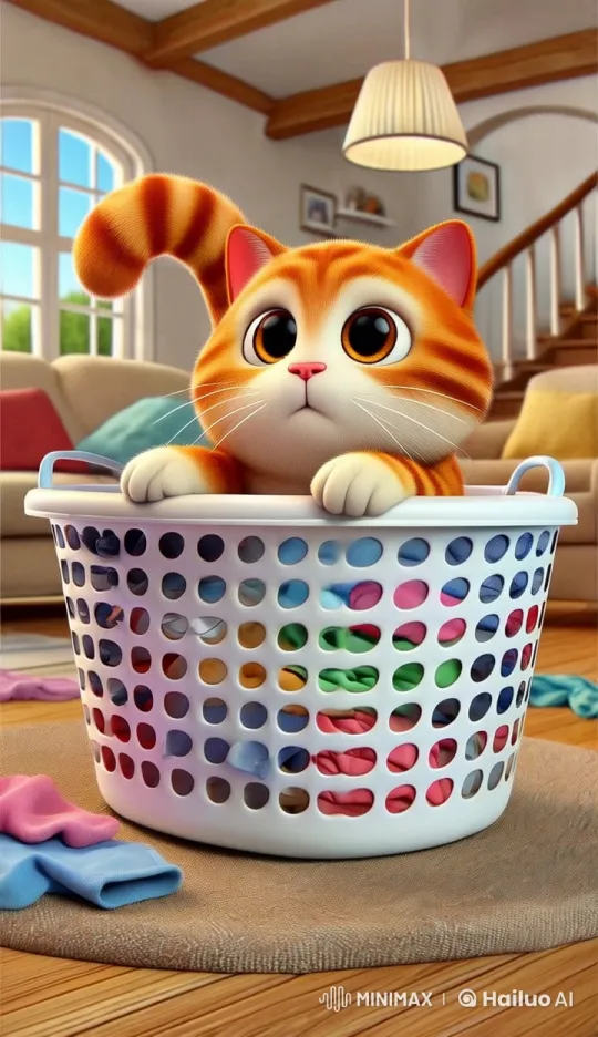 Curious Cat Examines Laundry Basket in Cozy Home – AI Generated Video | Hailuo AI