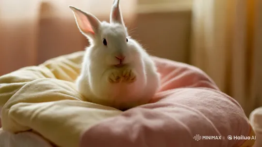 Innocent Rabbit in Pastel Sanctuary with Golden Glow – AI Generated Video | Hailuo AI