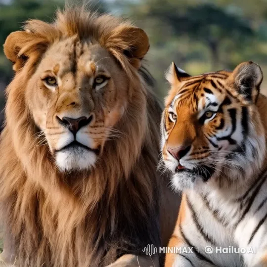 Rare Moment: Majestic Lion and Bengal Tiger Rest Together – AI Generated Video | Hailuo AI
