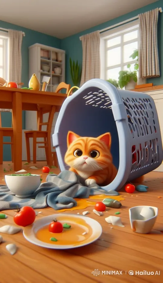 Chaos in Kitchen: Curious Cat Amidst Spilled Soup – AI Generated Video | Hailuo AI